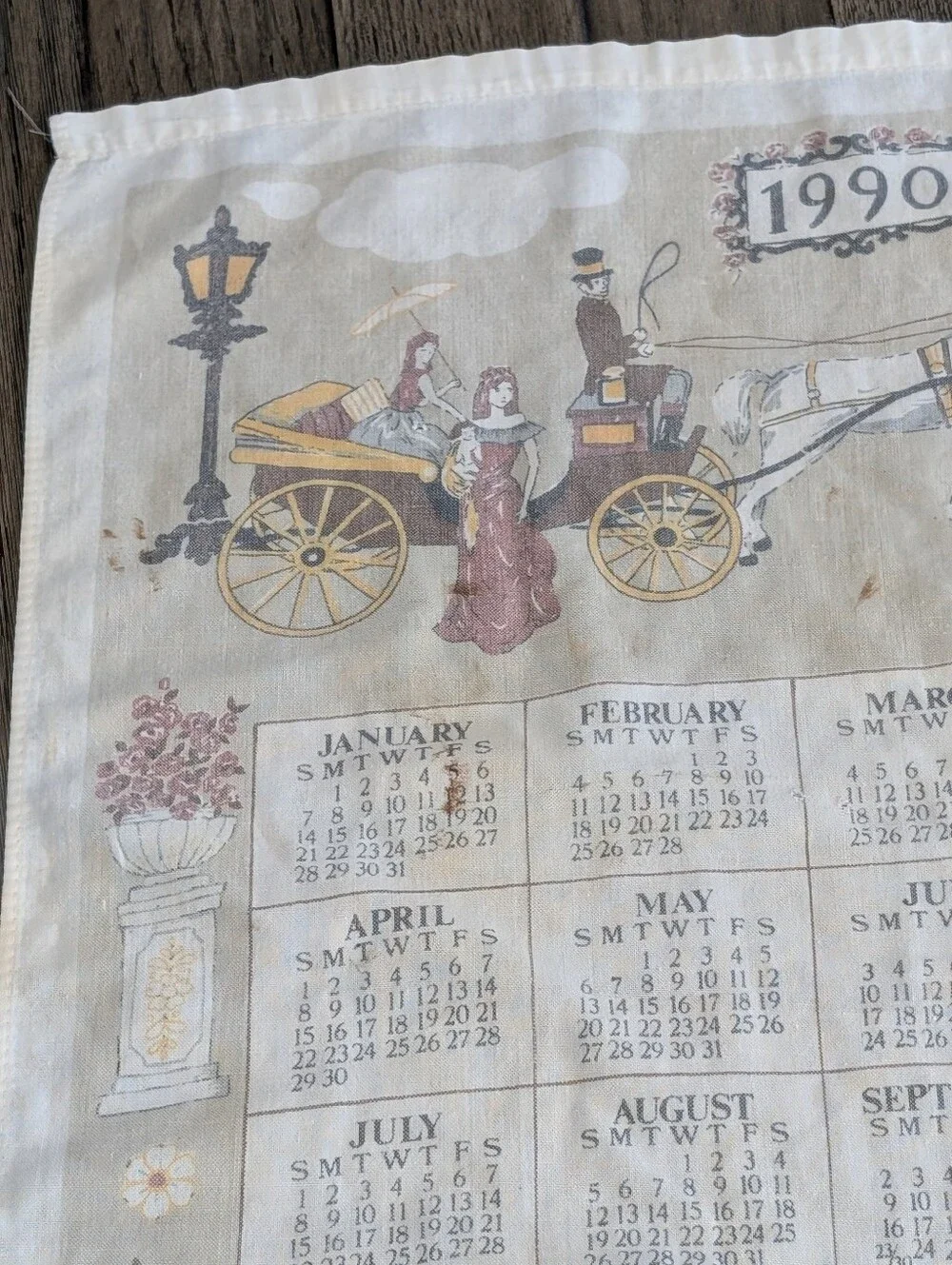Vintage‎ 1990 Calendar Tea Towel Horse Carriage Cottagecore Victorian Farmhouse